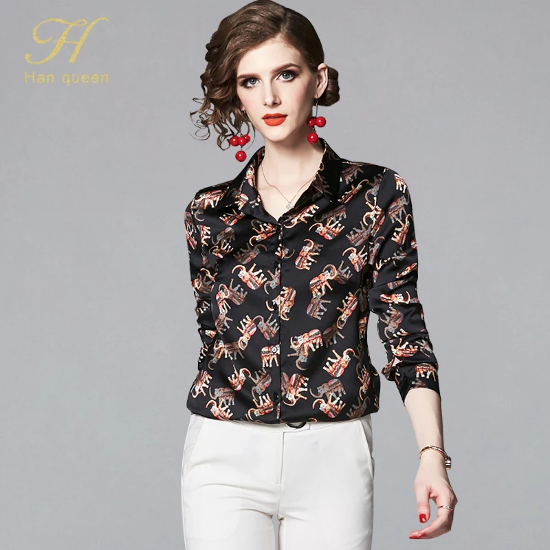 

H Han Queen Fashion Elephant Print Women Long Sleeve Blouse Turn-down Collar Shirt Ladies OL Chiffon Top Casual Blusas Plus Size