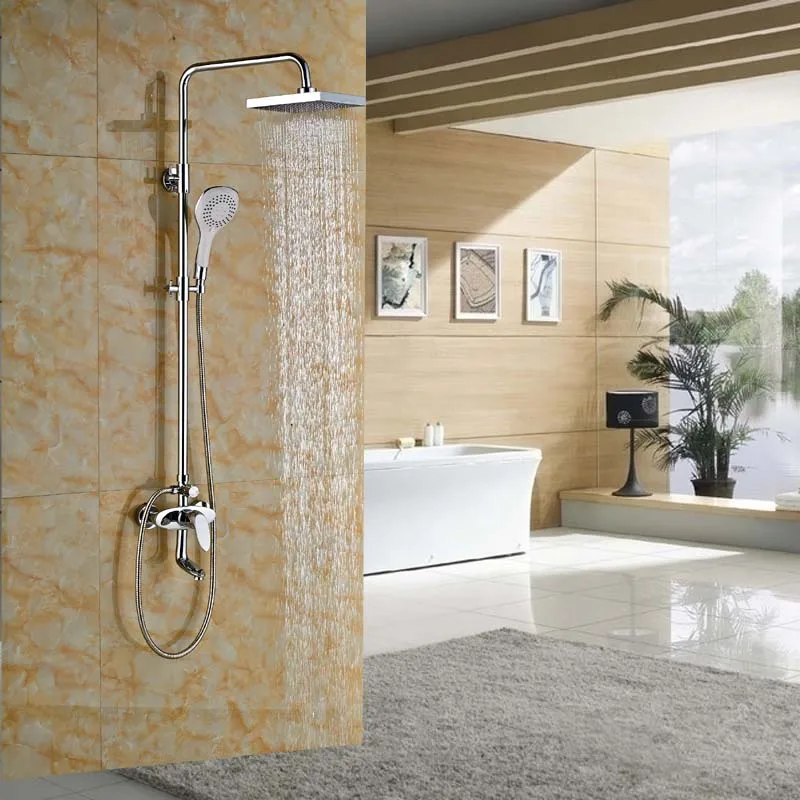 

Wall Mount Rainfall 8" Showerhead Bath Shower Mixer Faucet Single Handle with Handheld Shower Chrome
