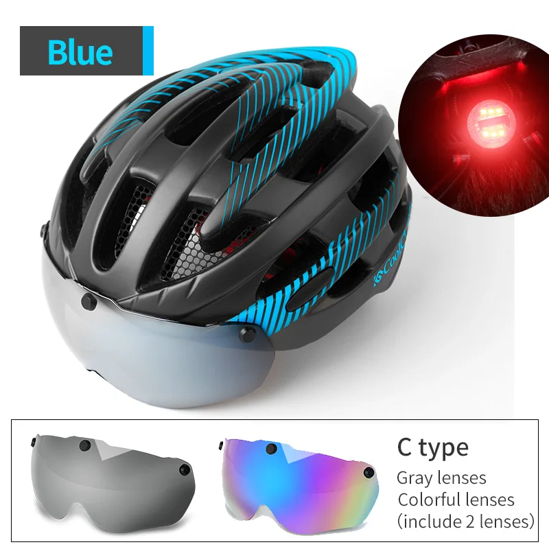 Coolchanger интегрированный литой мужской и женский велосипедный шлем с задней защитой Предупреждение предупреждающий свет, ветрозащитные очки, велосипедный шлем MTB - Цвет: Blue 2 Lens