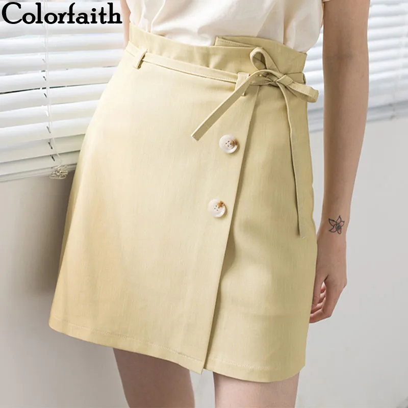

Colorfaith New 2019 Women A-line Mini Skirt Spring Summer Buttons Lace Up Bow Girls Skater Skirt High Waist Package Hip SK0337