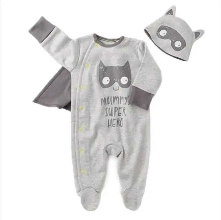 

baby boy clothes 2017 spring infant clothes baby rompers 0-2 years gray Batman Hat + jumpsuits + cloak 3 pc baby clothing sets