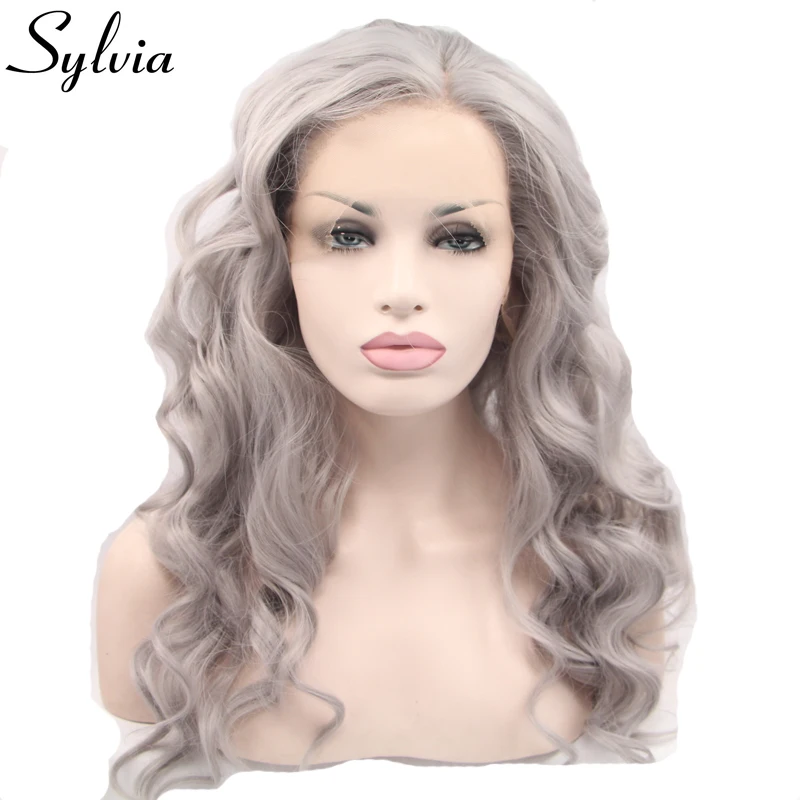 Sylvia серебристо-серые волнистые волосы из термостойкого волокна, натуральные серые бесклеевые синтетические парики для женщин