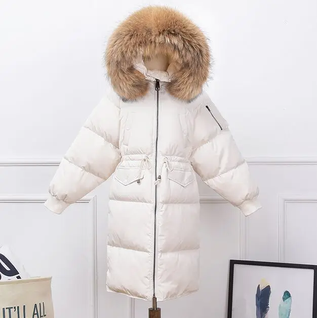 Зимняя куртка, Женское пальто, большая куртка с воротником из натурального меха енота, толстая теплая парка, пуховик на белом утином пуху, женская верхняя одежда - Цвет: Белый