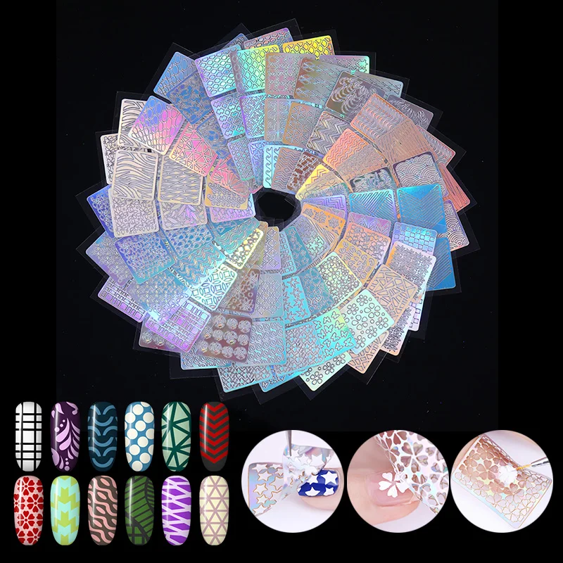 

24 Pcs Laser Hollow Stencil Nail Stickers Transfer Tips Guide Vinyls Template Heart Star Fish Design Decals Manicure Decoration