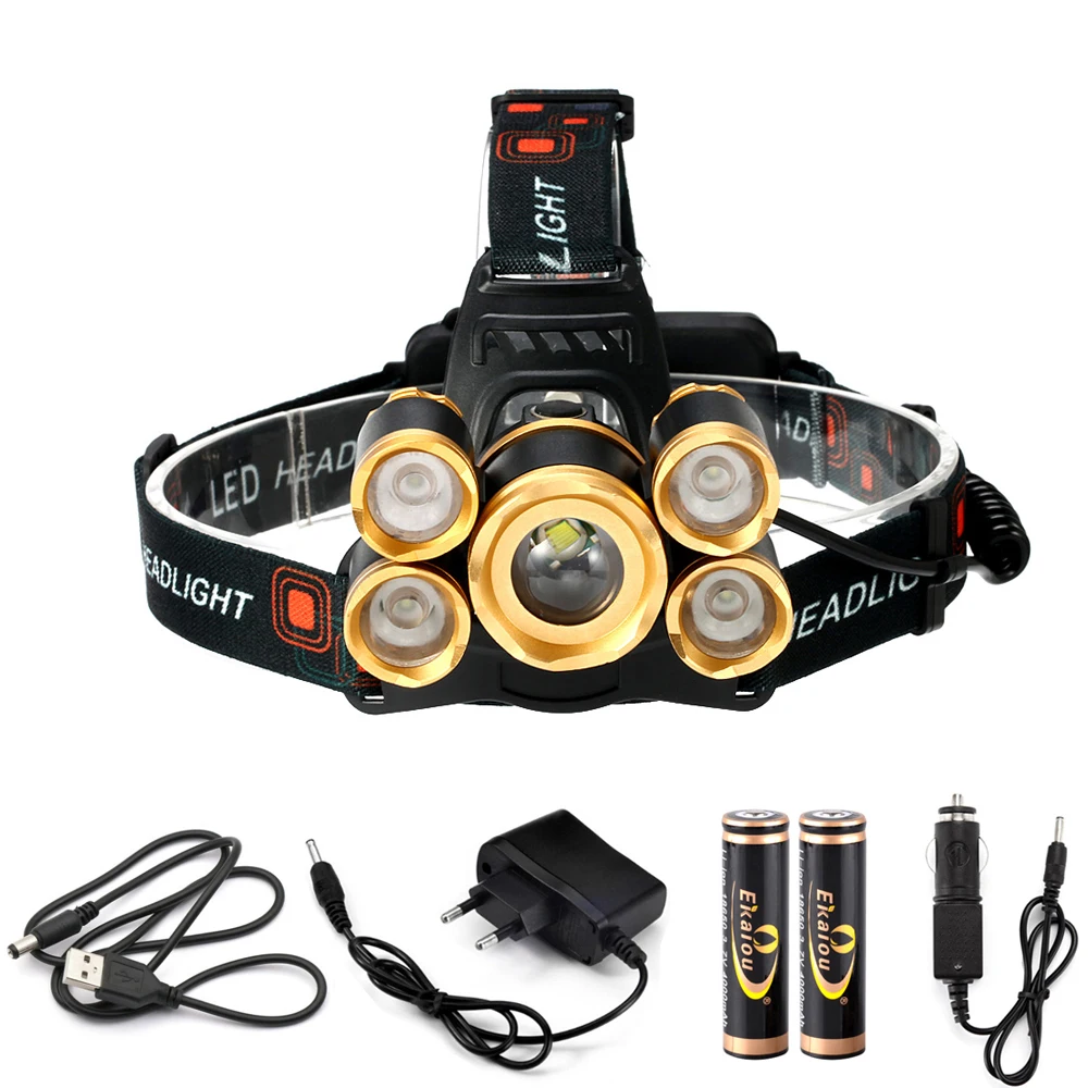 

New 5Led Waterproof Adjustable 4 Modes Headlight Headlamp Head Lamp Light Torch for Fishing Camping Hunting with 18650 battery