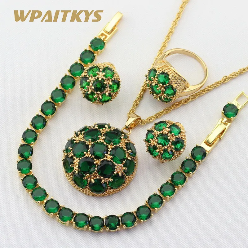 

Gold Color Jewelry Sets For Women Round Green Crystal Bracelet Hoop Earrings Necklace Pendant Rings Free Gift Box