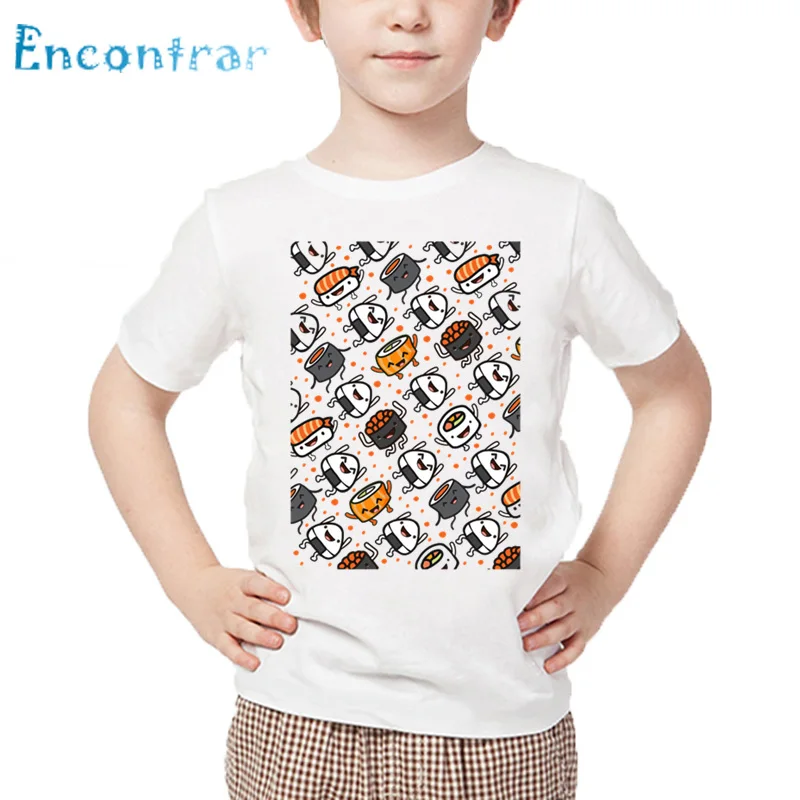 Вечерние футболки с принтом суши для мальчиков и девочек забавная футболка с рисунком для малышей летние белые топы с короткими рукавами для детей HKPHKP5561 - Цвет: white-H