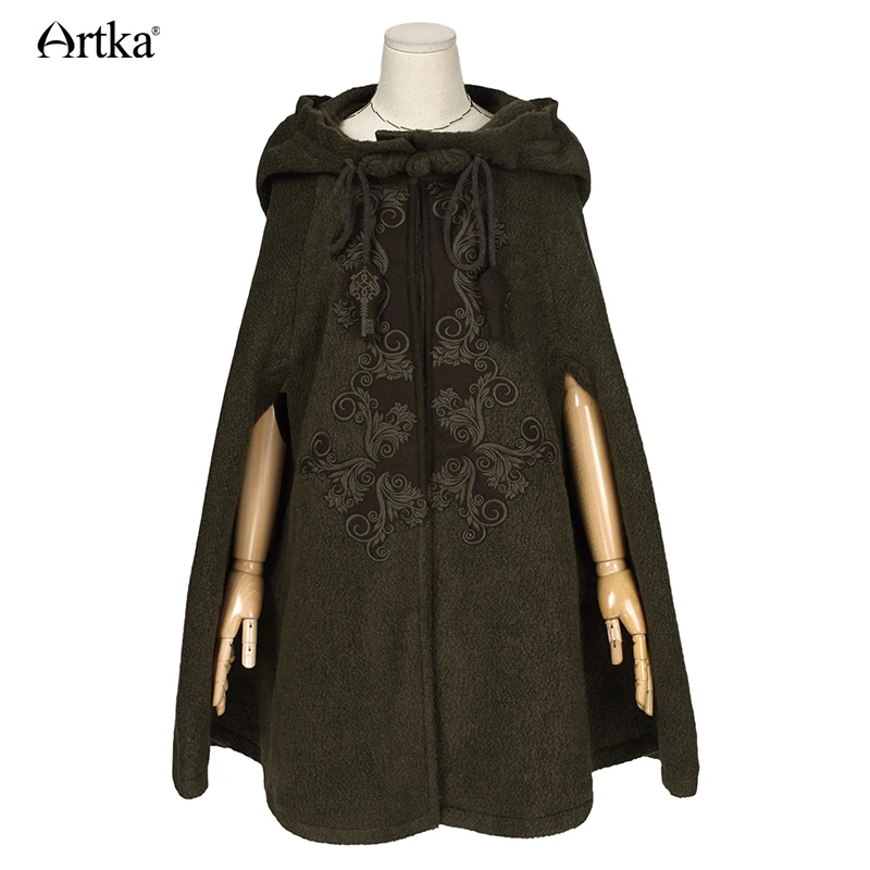 Goede Artka Vrouwen Winter Nieuwe Vintage Warme Wollen Capuchon Cloak Jas Geborduurd Drop Schouder Mouw Wol Cape Bovenkleding WA10220D