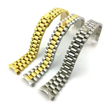 

20mm Wrist Band Watch Strap Solid Stainless Steel Curved End President Bracelet 18 cm Length Gold Silver w-Logo Repair Parts