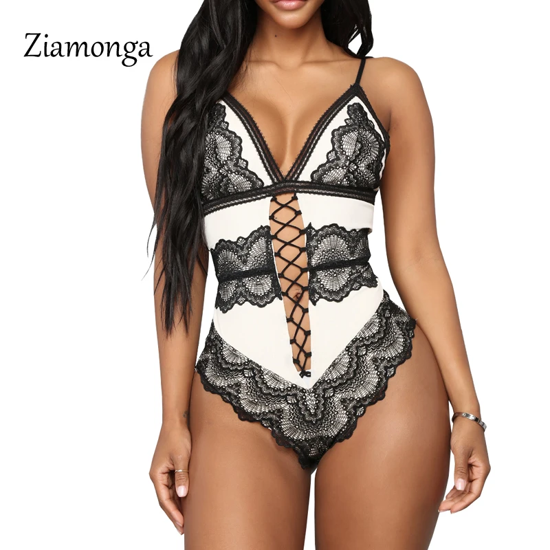 

Ziamonga Sleeveless Lace Bodysuit Elegant Tops Women Summer 2019 Body Mujer Sexy Lace Up Deep V Neck Bodysuit Women Jumpsuits