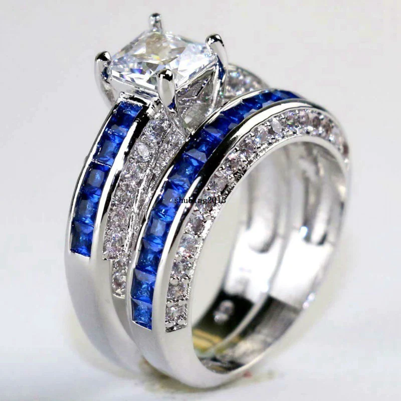 Luxury Bold Big Blue Zircon Wedding Rings Set for Bridal