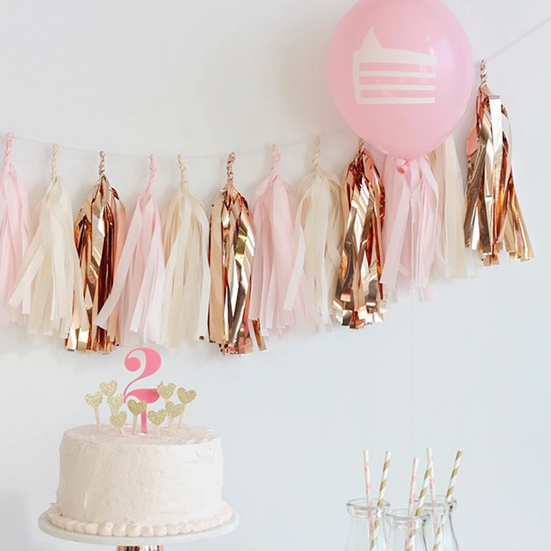 Pink orange and gold tissue paper Tassel Garland Banner Party Decorations