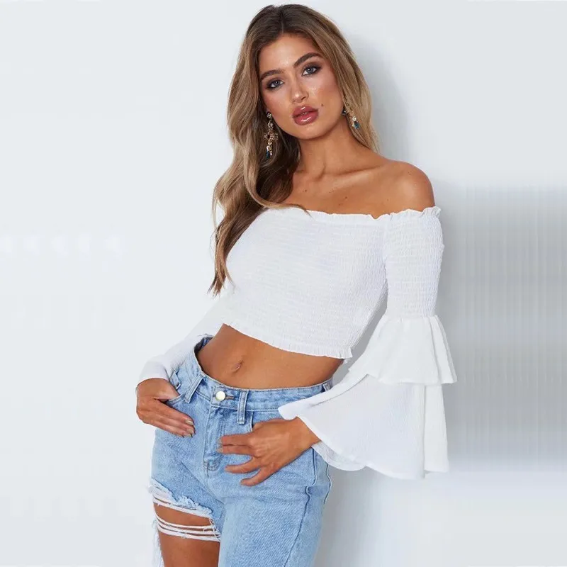 yinlinhe Yellow Off Shoulder Summer Tops Long Flare Sleeve Elasticity Sexy Crops Tops Women Backless Slash Neck Clothes 3