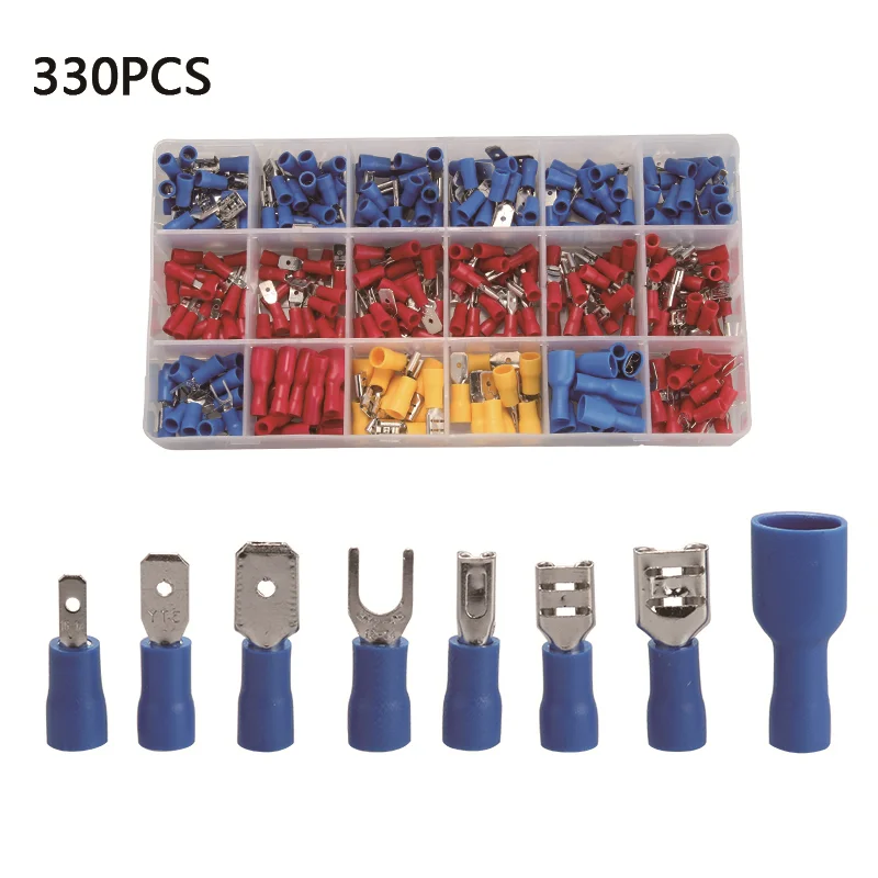 

330Pcs Full Insulated Fork U-type Set Terminals Wire Connectors Assortment Kit Electrical Crimp Spade Ring Assorted Set