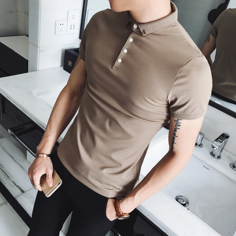 

New Solid Color Mens T-shirts Hight Quality Summer Short Sleeve Man T-shirts Luxury Korean Turn-down Collar Slim Fit Men T-shirt