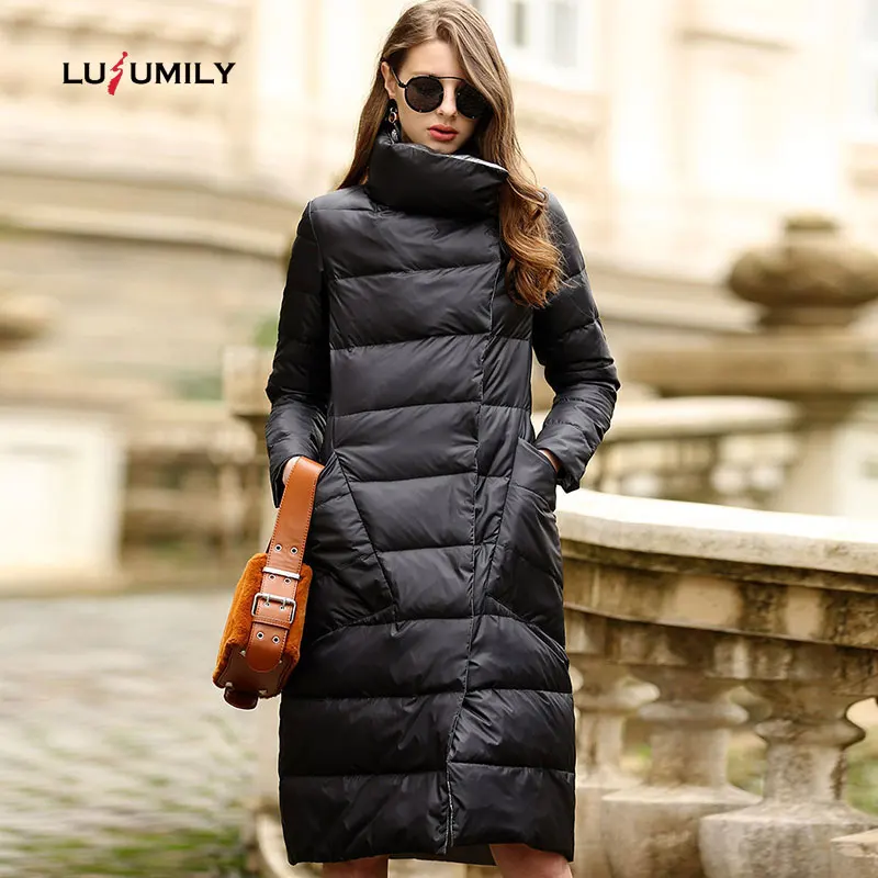 Lusumily Ultra Light White Duck Winter Down Jacket Women Double Side Slim Down long Coat Single Breasted Parkas Female Waterproo