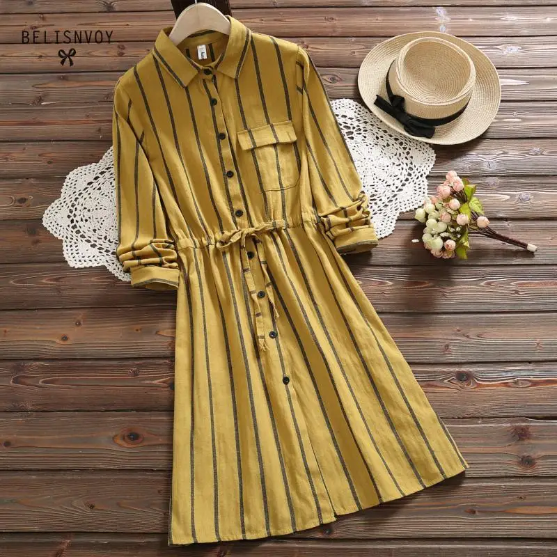 

Mori Girl Spring Autumn Dresses Women Turn-Down Collar Striped Vestidos Long Sleeve Casual Loose Vintage Elegant Shirt Dress