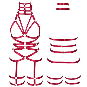 

Red Harness Bra Set Sexy Lingerie Plus Size Suspender Harajuku Punk Garter Belt Pentagram Elastic Belts Night Clubs Rave Wear