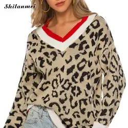 Осенне-зимний вязаный пуловер с леопардовым принтом, женский свитер с v-образным вырезом и длинным рукавом, модный уличная одежда, джемпер