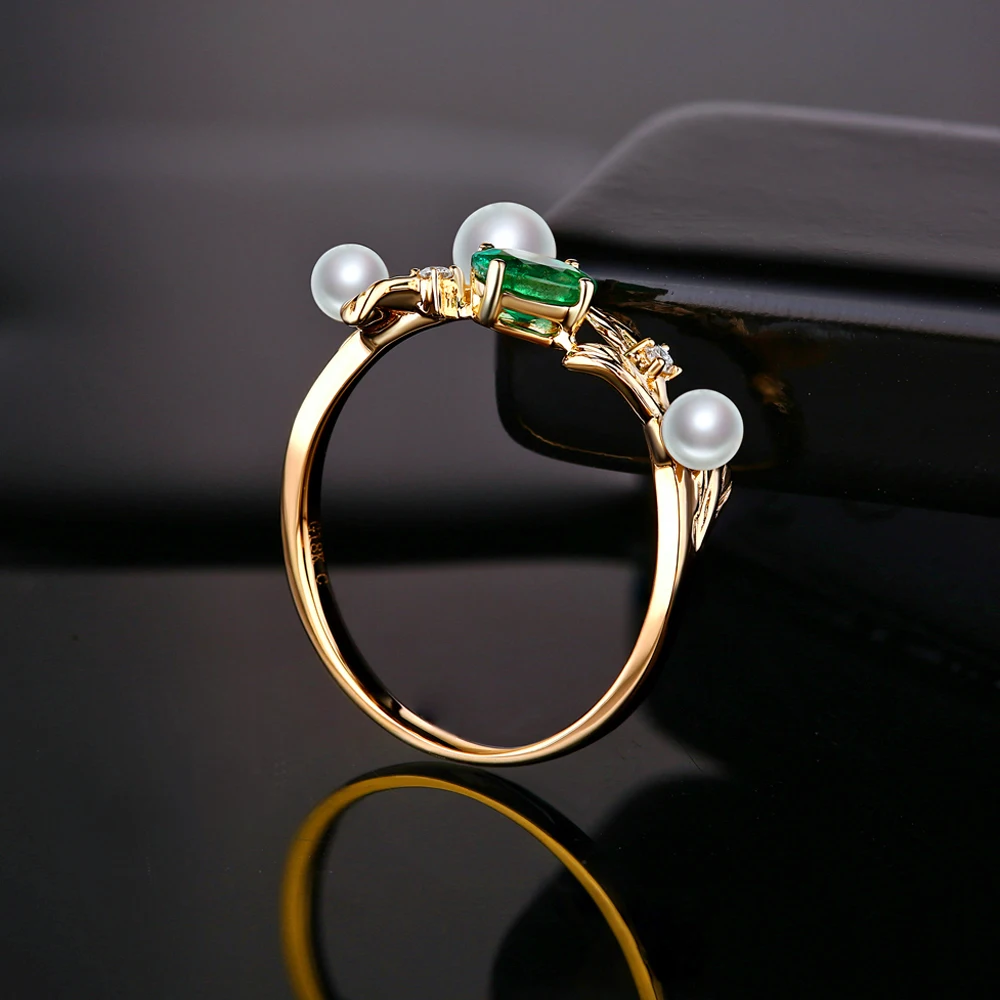 Caimao 14k Yellow Gold Natural 0.32ct Emerald with Pearl & Diamond Vintage Design Engagement Wedding Ring