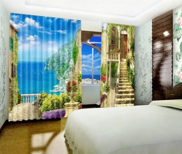 

window curtain 3d Beautiful seaside scenery modern 3d blackout window curtains window decoration