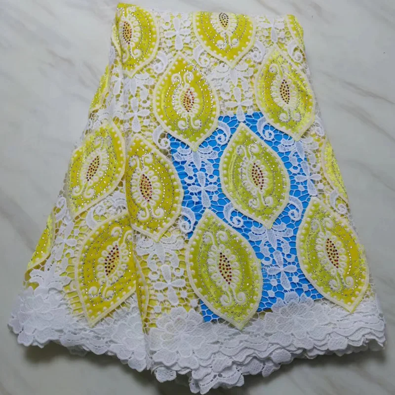 

Free shipping (5yards/pc) High quality yellow African velvet lace fabric newest guipure lace fabric with stones for dress CWS91