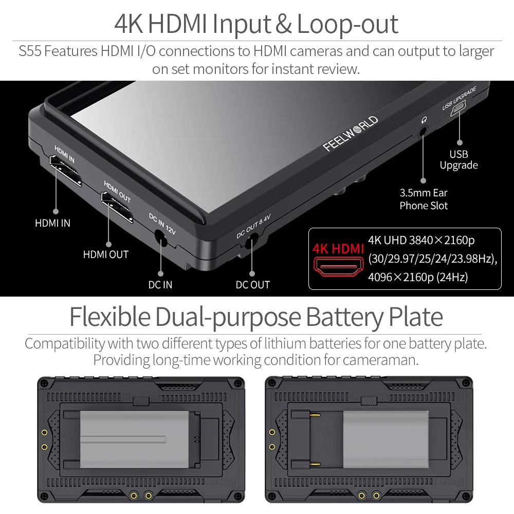 FEELWORLD S55 5.5 Inch IPS on Camera Field DSLR Monitor Focus Assist 1280x720 Support 4K HDMI Input DC Output Include Tilt Arm portable monitor dslr field monitor