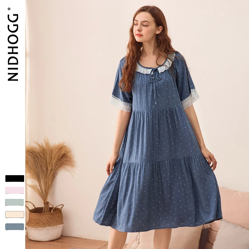 

Summer New Short-sleeved Cotton Long Sleepwear Korean Fresh Lace Printing Night Dress Women Plus Size Nightgowns Lingerie Dress