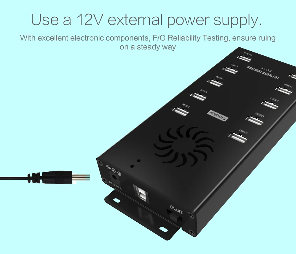 10-Port USB Hub with Smart Charging Ports, Built-In Surge Protector, ON/OFF Switch & LED Indicators Read