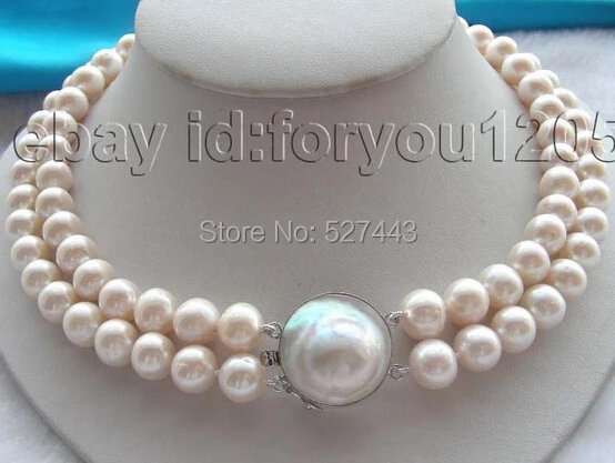 

Wholesale >>2row Natural 10mm White Round Pearl Necklace Mabe