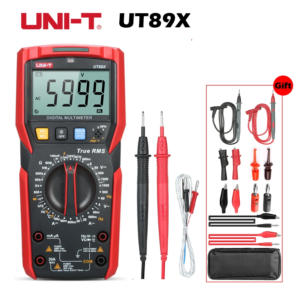 

UT89X True RMS Digitale Multimeter 1000V 20A DC CA Multimeter 2.8" LCD Display 6000 Counts NCV Condensator/Triode/Temperatuur