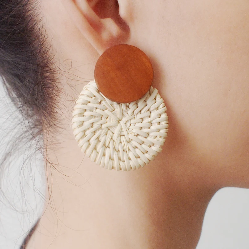 MANILAI Trendy Korea Earrings For Women Wood Straw Rattan Knit Drop Dangle Earrings Big Jewelry Statement Earrings Wooden Female