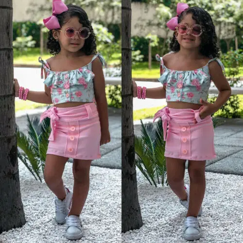 

AU Toddler Kid Baby Girl Floral Clothes Ruffle Sling Top Dress Skirt 2PCS Set Summer Outfit Clothes