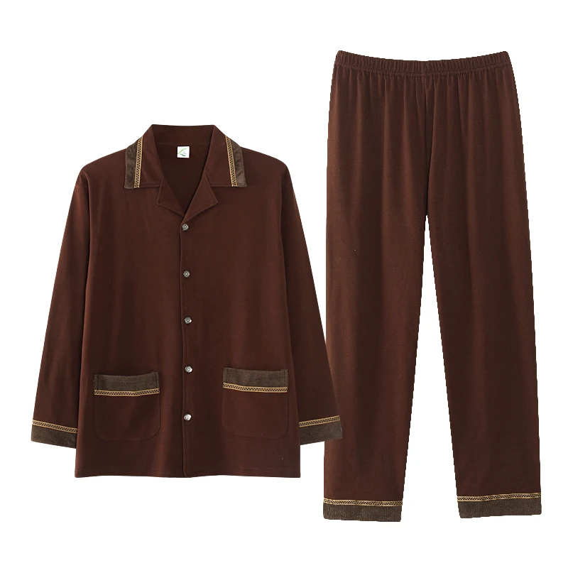 High Quality Brown Color Men Pajamas Sleepwear Long Sleeved 100 Cotton