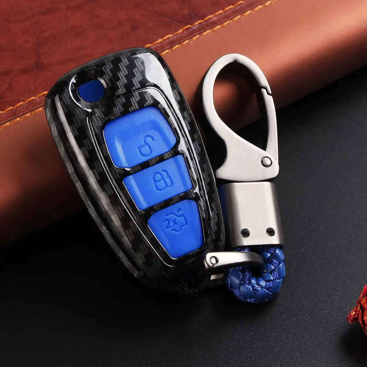 Чехол для ключей из углеродного волокна с 3 кнопками для Ford Ranger C-Max S-Max Focus Galaxy Mondeo Transit Tourneo на заказ - Название цвета: Синий