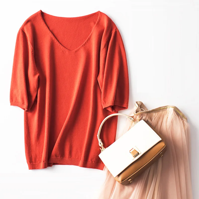 

Womens Sweaters Knitting Autumn Spring V-neck Short Sleeve Solid Soft Casual Woman Pullovers Sweater Female Tops S-XL LS005