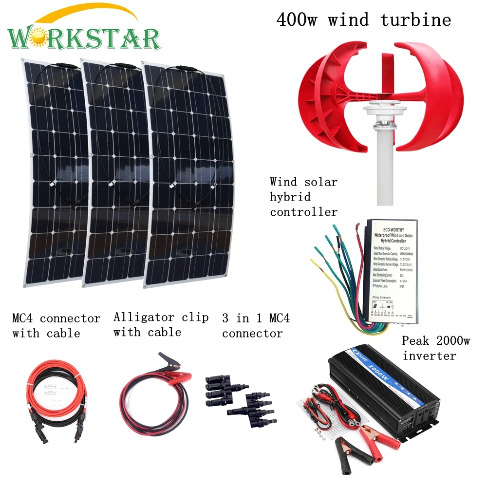

3pcs 100W Flexible Solar Modules + 400W Vertical Wind Generator with 2000W Inverter and Controller 700W Wind Solar Power System
