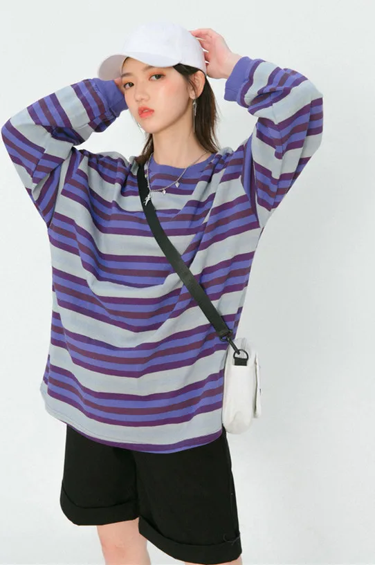 

Mr.nut 2019 new Korean version of the loose contrast color striped T-shirt campus students long-sleeved spring shirt women