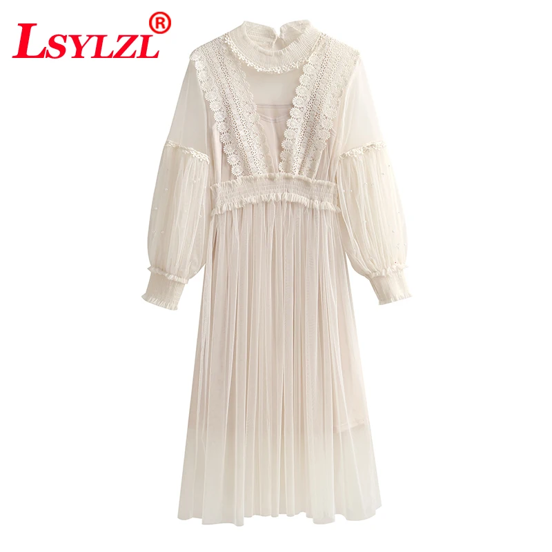 

2019 Stand-Neck Long-Sleeved Party Dresses Women Sweet Mesh Streetwear Mid-Calf Dress Female Summer Lace Dress Vestidos C711