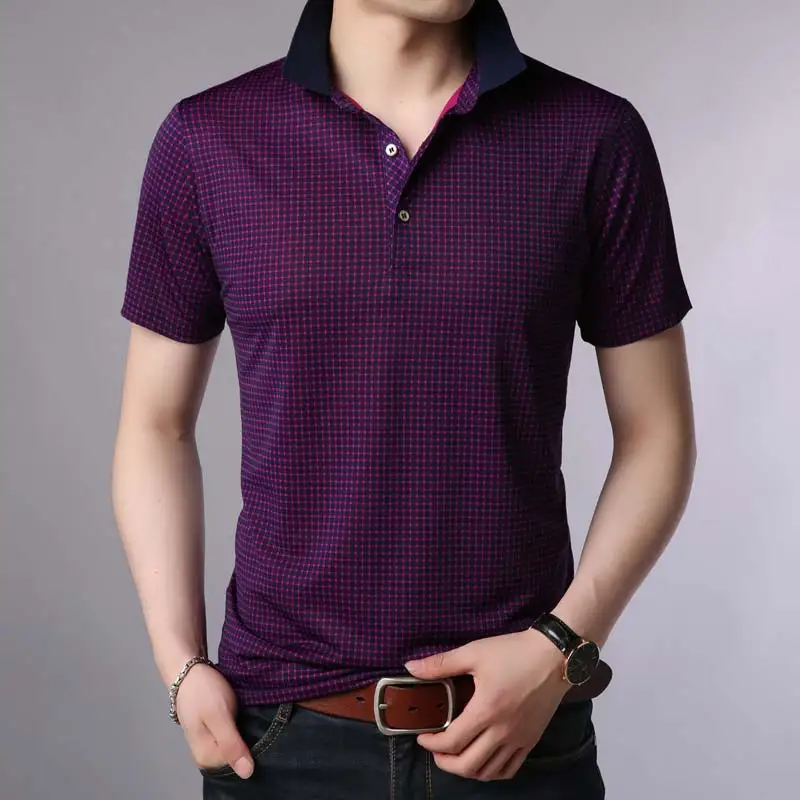 Модная рубашка поло с коротким рукавом, Мужская одежда, мужские облегающие клетчатые футболки pol, летняя футболка поло, поло, уличная одежда 8878 - Цвет: Красный