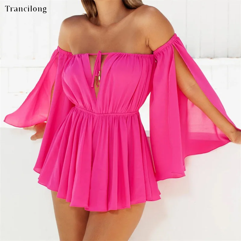 

Trancilong One Shoulder V-Neck Floating Sleeve High Waist Solid Color Dress Summer Hot Off-The-Shoulder Open Back Sleeve Dress