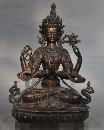 

S00715 9"Tibet Buddhism Bronze 4 arms Chenrezig Guan Yin Buddha Avalokiteshvara Statue