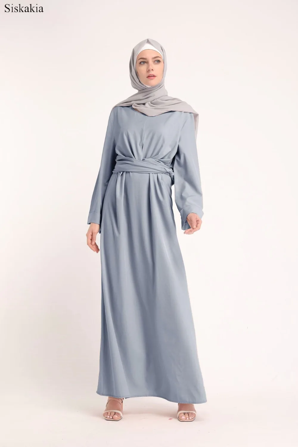 Siskakia Solid Muslim O-Neck Long Sleeve Bandage Robes Abaya Women Turkish Dubai High Waist Loose Female Abaya Casual Elegant  (5)