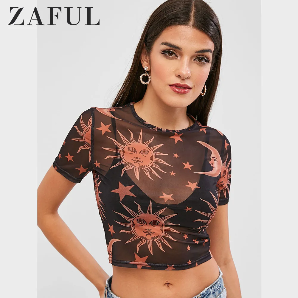 

ZAFUL Crop Top Sun And Moon Semi Sheer Mesh Tee Short Sleeve Women Summer Crop Tops O-Neck Casual Streetwear Sexy Club Clothes