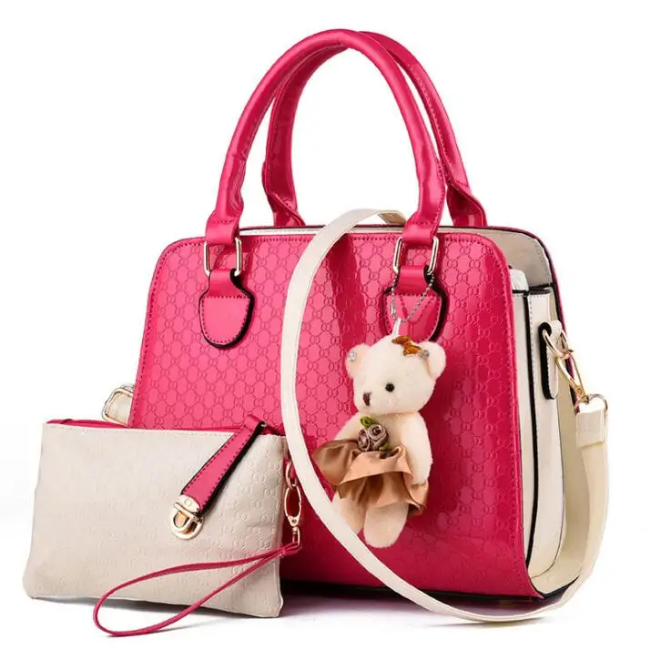 Модные женские Сумки из искусственной лакированной кожи, элегантные женские сумки через плечо с рисунком аллигатора, 2 сумки/набор, w/Bear Toy LL655 - Цвет: Ярко-розовый