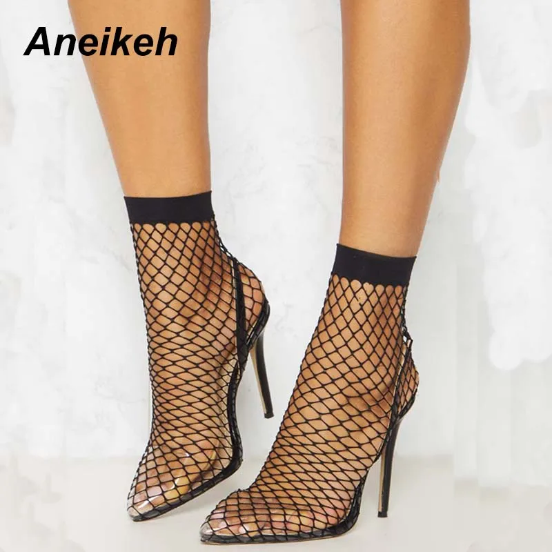 

Aneikeh Women High Heels Pumps Pointed Toe Clear PVC Summer Boots Shoes Sexy Hollow Out Mesh Party Nightclub Women Ankle Boots