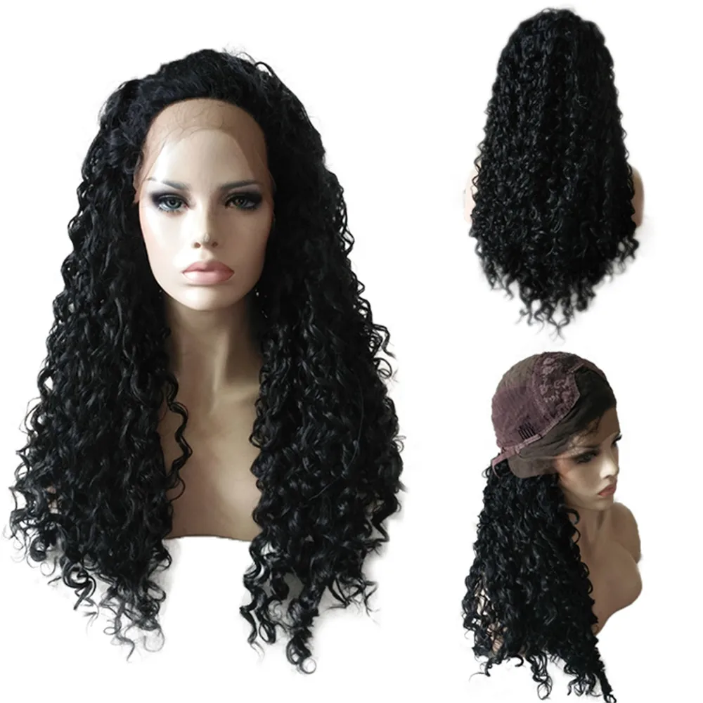 

Fashion Black Long Curly Lace Front Full Wig Brazilian Human Hair Wave Wig Synthetic Wig 0910