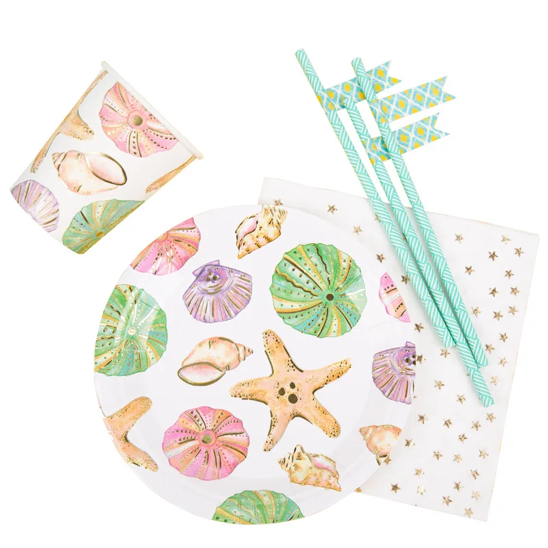 

10PCS/Pack Children Birthday Party Decorations Conch Starfish Ocean Department Disposable Tableware Baby Cutlery Set Straw 18CM