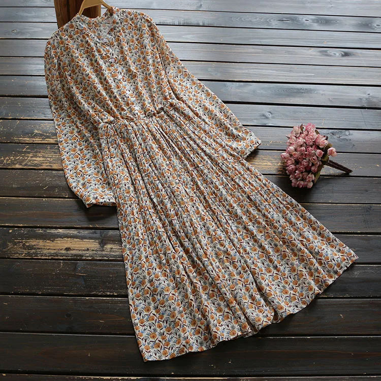 

5425 pleated rustic full dandelion print long sleeve chiffon stand collar dress 2019 spring