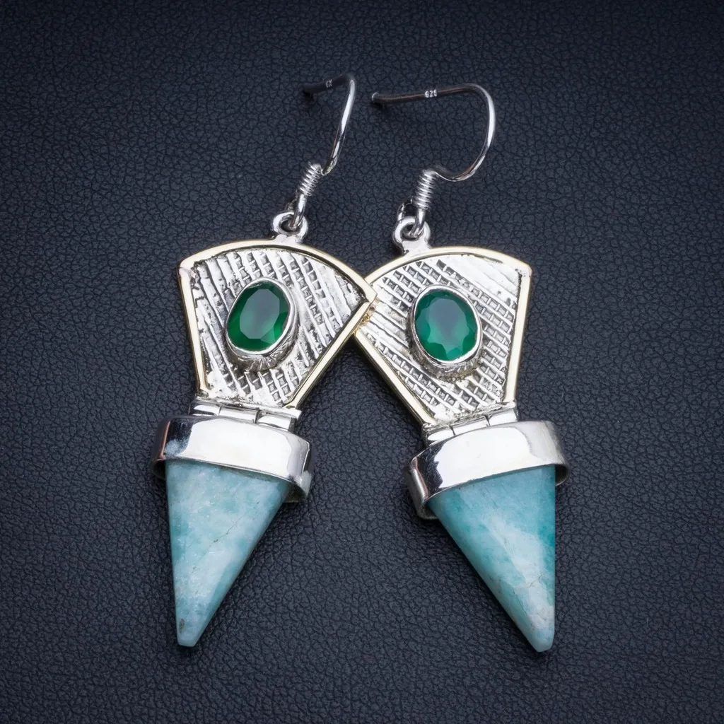 

Natural Two Tones Amazonite and Chrysoprase 925 Sterling Silver Drop Earrings 2" R1935